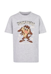 Grijze katoenen t-shirt met een afbeelding van het Tasmanian Devil-personage met speelse gezichten en tekst in vetgedrukte, kleurrijke lettertypes.