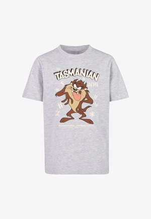 Gray cotton t-shirt featuring a graphic of the Tasmanian Devil character with playful expressions and text in bold, colorful fonts.