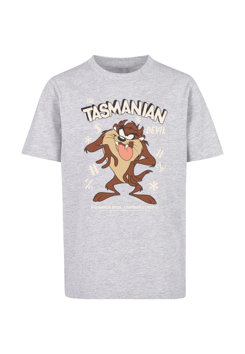 Grijze katoenen t-shirt met een afbeelding van het Tasmanian Devil-personage met speelse gezichten en tekst in vetgedrukte, kleurrijke lettertypes.