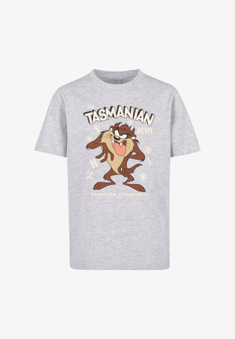 Grijze katoenen t-shirt met een afbeelding van het Tasmanian Devil-personage met speelse gezichten en tekst in vetgedrukte, kleurrijke lettertypes.