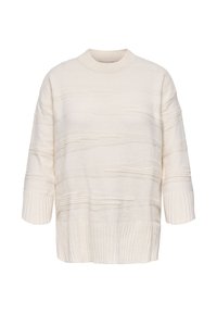 Pull crème clair avec un design texturé à rayures. Présente un col rond côtelé et des manches trois-quarts, fabriqué en tissu doux.
