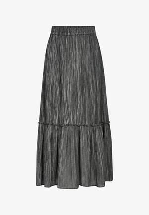 Fustă plisată gri, cu talie elastică, având un tiv evazat și o suprafață texturată cu un luciu subtil. Design fluid.