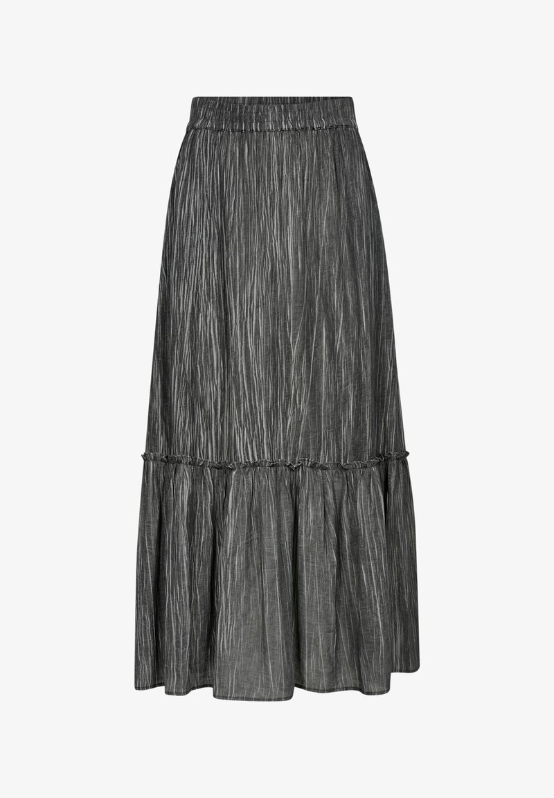 Siva, nabran krilo z elastičnim pasom, z razširjenim robom in teksturirano površino s subtilnim leskom. Leteča zasnova.