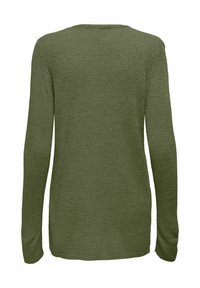 Olivgrüner Pullover mit langen Ärmeln, strukturiertem Strickmuster und Rundhalsausschnitt. Die Rückseite hat ein einfaches, schmuckloses Design.