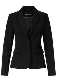 Černé saka na míru s jedním předním knoflíkem, klopami s výřezem, dvěma předními kapsami a hladkou, strukturovanou látkou.