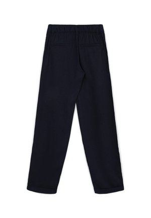 Marineblaue Hose mit elastischem Bund, zwei Gesäßtaschen und geradem Beinverlauf. Glatter Stoff mit weicher Textur.