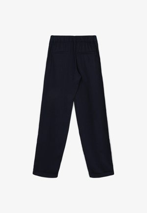 Marineblaue Hose mit elastischem Bund, zwei Gesäßtaschen und geradem Beinverlauf. Glatter Stoff mit weicher Textur.