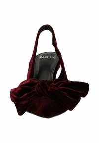 Burgundy velvet slingback shoe with a prominent large bow detail on the front, pointed toe design, and a smooth, glossy interior.