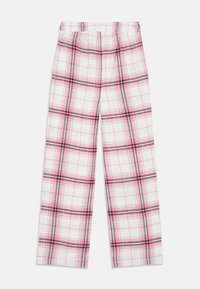Pijamy w kratkę z elastycznym pasem, w kolorach różowym, czarnym i białym. Wykonane z miękkiego materiału, o luźnym kroju.