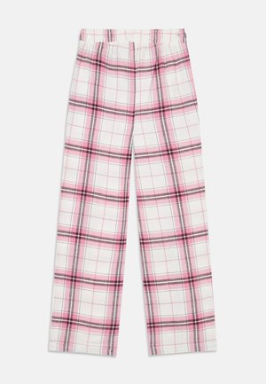 Pantaloni pigiama bianchi con motivo a quadri rosa e grigi, taglio a gamba dritta e vita elastica.