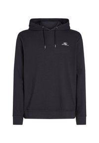 Hoodie noir en tissu doux, avec une poche kangourou à l'avant, une capuche réglable avec cordon, et un petit logo blanc sur la poitrine.