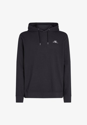 Black hoodie made of soft fabric, featuring a front kangaroo pocket, adjustable drawstring hood, and a small white logo on the chest.