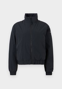 Veste légère noire avec fermeture éclair à l'avant, poignets et ourlet élastiques, et un petit col montant, présentée sur un fond uni.