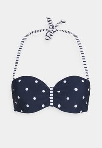 Mørkeblå stroppeløs bikini topp med hvite prikker, med stripete justerbare halterbånd og detalj med midtfold.