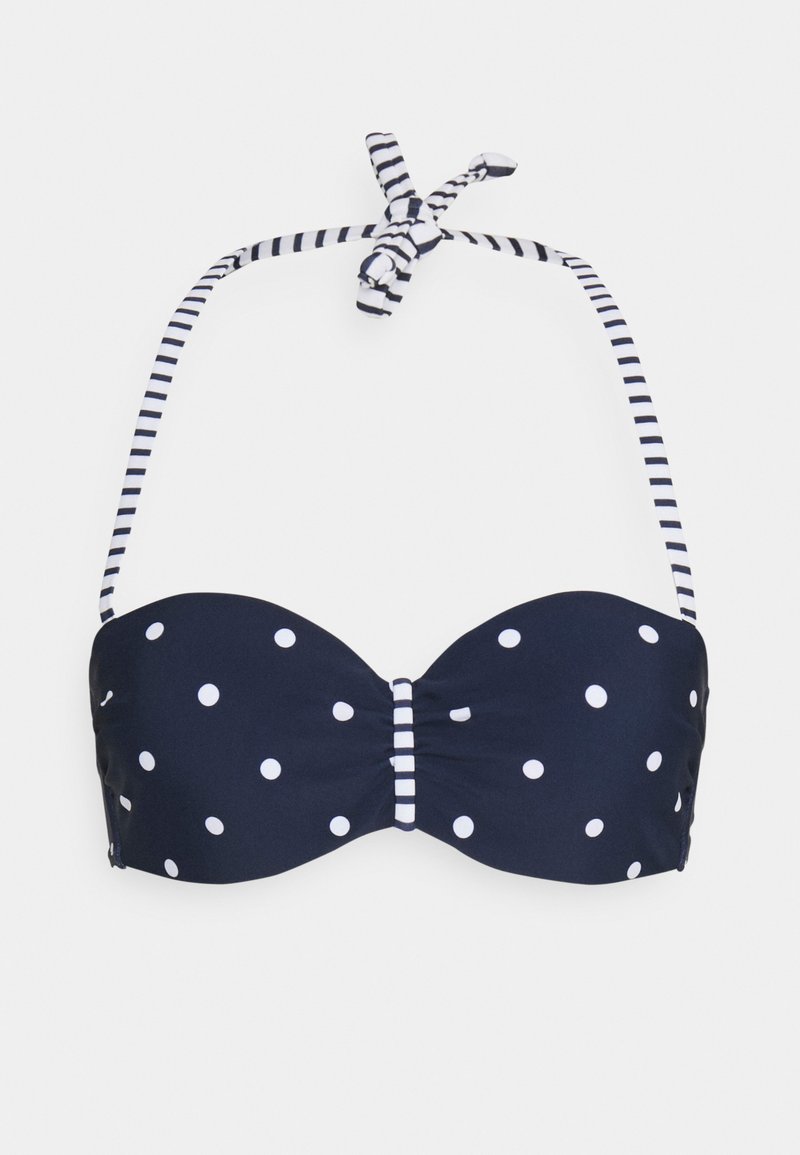 Tums zila strapless bikini augšdaļa ar baltām punktiņām, ar svītrainiem regulējamiem kakla saitēm un centrālo krokotājumu.