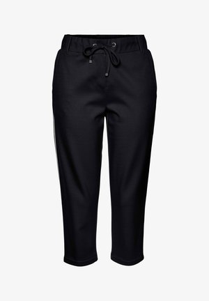 Pantaloni jogger neri con vita elasticizzata e cordino. Presentano strisce laterali e un design a gamba affusolata. Realizzati in tessuto morbido e elasticizzato.