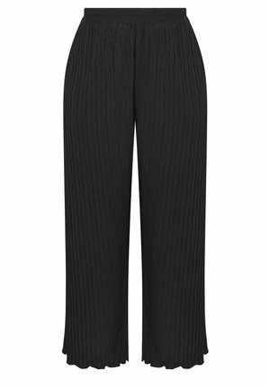 Czarne spodnie o szerokich nogawkach z pofałdowaną fakturą, elastycznym pasem i falistymi wykończeniami na dole.
