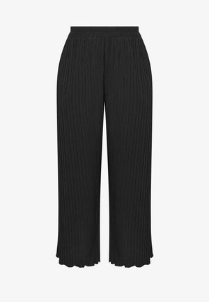Pantalon noir à jambes larges avec une texture froissée, taille élastique et ourlets festonnés.