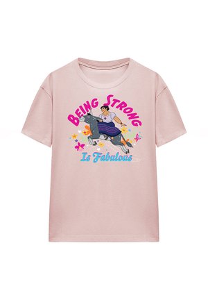 Pink short-sleeve T-shirt featuring a graphic of a person on a gray donkey, surrounded by colorful flowers and the text "BEING STRONG Is Fabulous."