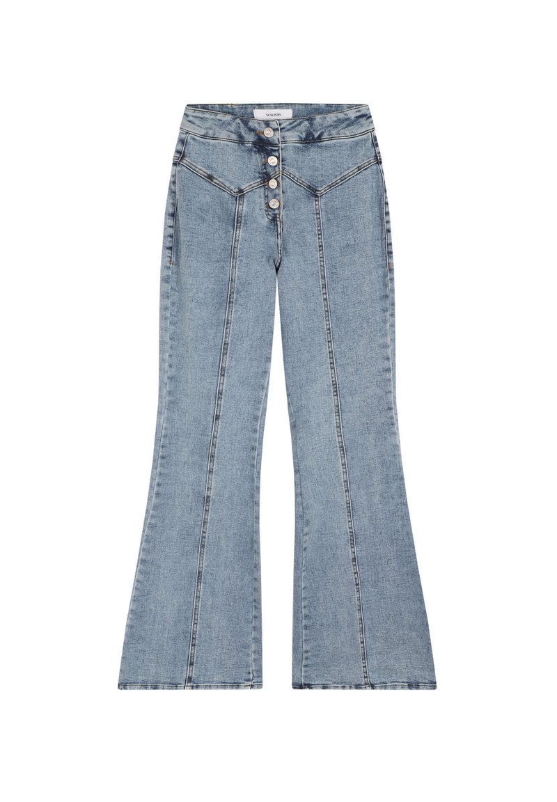 Helle Jeans mit ausgestelltem Bein und hoher Taille, mit einem Fünf-Knopf-Verschluss, vorderen Taschen und kontrastierenden Steppnähten an den Nähten.