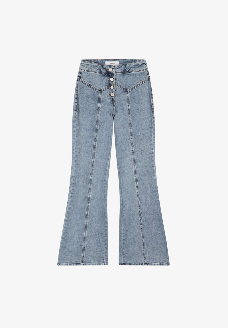 Light wash denim flared jeans with a high waist, five-button closure, front pockets, and contrasting topstitching on the seams.
