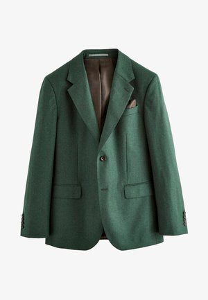 Grüner Wollblazer mit Reverskragen, zwei Fronttaschen, einer Brusttasche und dreigängiger Knopfleiste. Gefüttertes Innenfutter mit gemustertem Design.