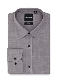 Koszula slim-fit w czarno-białą kratę, z kołnierzykiem typu spread, zapięciem na guziki i długimi rękawami z guzikami na mankietach.