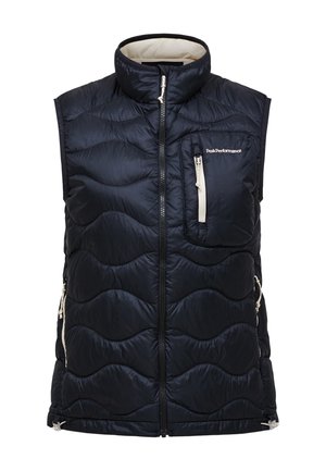 Sort quiltet ærmeløs vest med høj krave, forlynlås, tre lynlåslommer og hvid "Peak Performance"-logo på brystet.