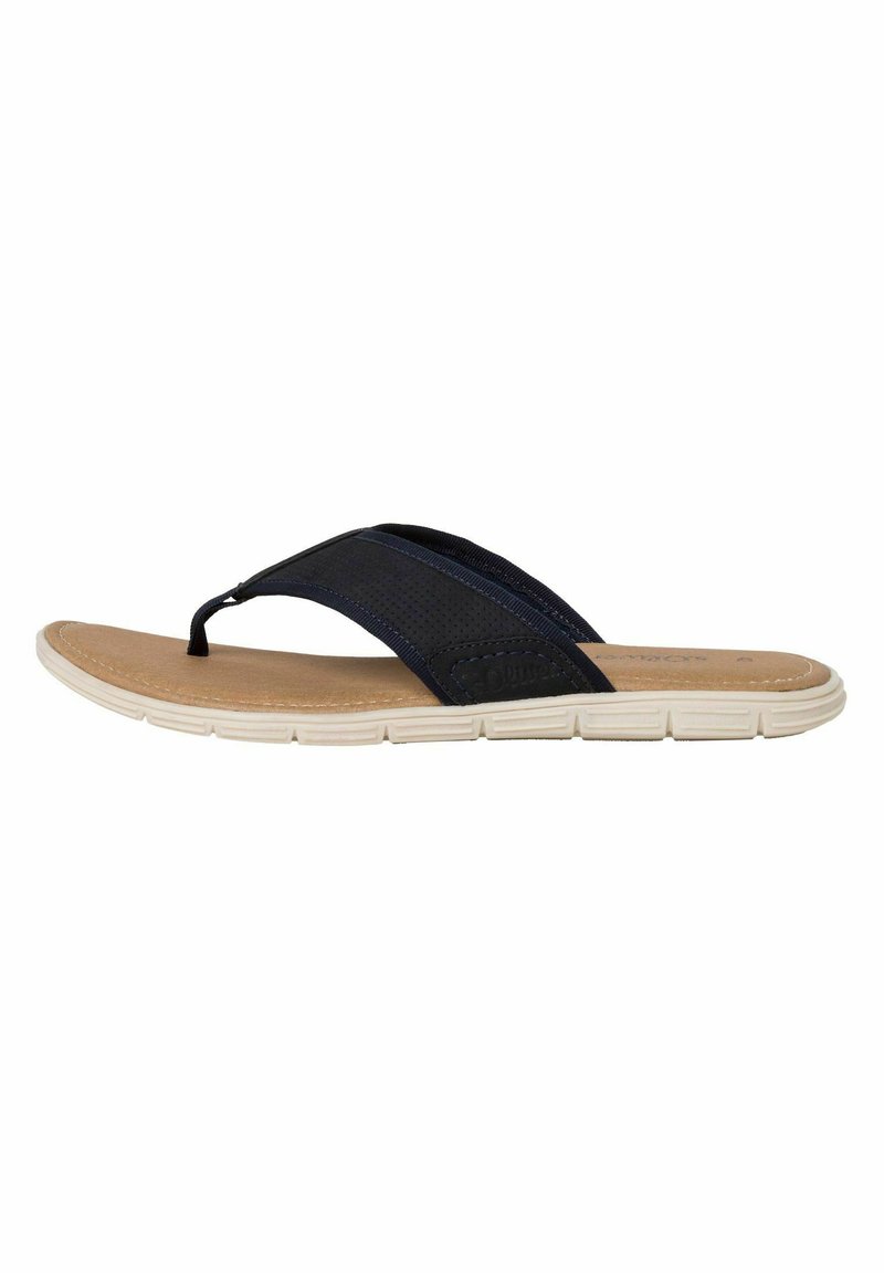 Tumesin värvi flip-flop sandaalid tekstureeritud rihmaga, beeži jalatallaga ja valge kummist tallaga, millel on paindlikkuse tagamiseks segmenteeritud mustrid.