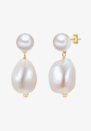 Pärleid langevad kõrvarõngad, kus on suured ümmargused valged pärlid ja ebaühtlase kujuga pärlid, mis on paigutatud kuldse tooni metallisse, tõstes esile nende elegantset disaini.