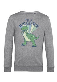 Grå fleece-tröja med en tecknad dinosaurie med gröna och blå detaljer och texten "Jag är en KRAMARE" i fet stil.