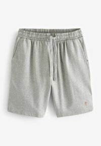 Gray cotton shorts with an elastic waistband and drawstring. Features side pockets and a small embroidered design on the lower right side.