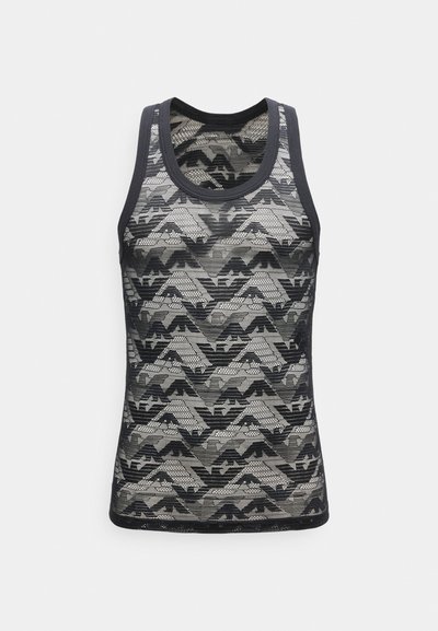 Μαύρο αμάνικο τοπ από δίχτυ με αφηρημένο γεωμετρικό σχέδιο σε αποχρώσεις του γκρι και μαύρου, εφαρμοστό στυλ σε λευκό φόντο.