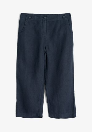 Marineblaue Leinenhose mit lässigem Schnitt, ausgestattet mit zwei Fronttaschen, zwei Knopfverschlüssen an der Taille und geradem Bein.