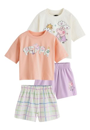 Deux t-shirts à manches courtes Peppa Pig graphiques en rose et blanc, associés à des shorts à taille élastique violets et à carreaux pour enfants.