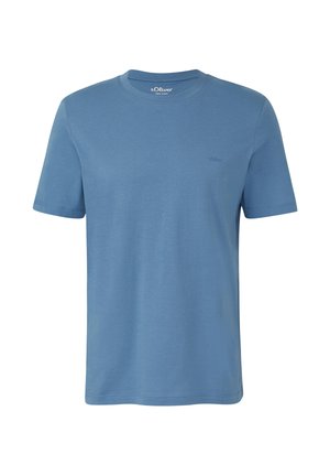 Lihtne sinine lühikeste varrukatega puuvillane T-särk ümar kaelusega ja vasakul rinnal väike tikitud kaubamärgi logo.