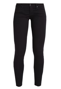 Jeans skinny negros hechos de denim elástico. Presentan un cierre frontal con botón, dos bolsillos frontales y dos bolsillos traseros. Textura suave.