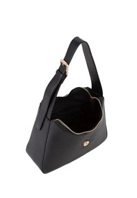 Sac à épaule en cuir noir avec une forme incurvée, une fermeture éclair dorée et un fermoir magnétique frontal. Bandoulière ajustable pour différentes longueurs.