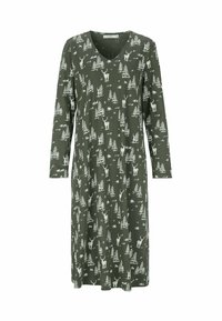 Långärmad grön kl�änning med V-ringning och ett vitt tryck med skog och djur, tillverkad av mjukt och lätt material.