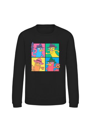 Sort sweatshirt med et farverigt tegneseriemønster af fire næbdyr med hatte, én holder en spion-gadget og en anden et mærke.