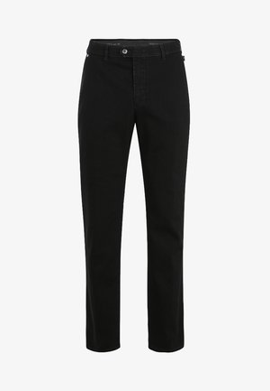 Zwarte denim broek met een recht ontwerp, voorzien van een voorste knoopsluiting, vijf zakken en een zachte textuur. Klassieke stijl.