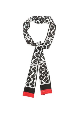 Foulard à motif floral noir et blanc avec bordure rouge et noire, noué en un nœud lâche et présenté sur fond blanc.