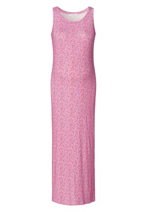 Maksimekko ilman hihoja vaaleanpunaisesta kankaasta, jossa on toistuva lehtikuosi punaisena ja sinisenä. Pehmeä pinta, jossa on pyöreä pääntie ja pitkä siluetti.