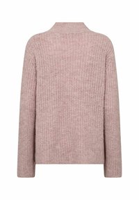 Pull rose clair en maille avec un design texturé, col montant et manches longues, vu de dos.