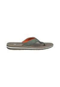 Green suede flip-flop sandal with orange textile accents. Features a flat sole with white stitching and a textured footbed for comfort.