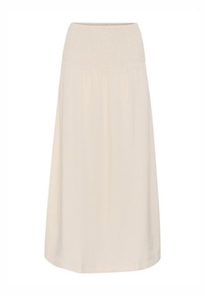Fustă de culoare crem cu talie plisată, siluetă fluidă, până la genunchi, realizată dintr-un material ușor pentru confort. Fără modele sau accente.