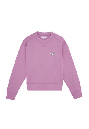 Lila sweatshirt van een textuurstof, met een geribbelde ronde hals en lange mouwen. Heeft een klein zwart-wit logo op de borst.