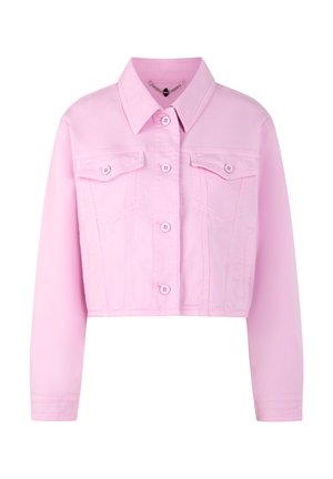 Cropped light pink denim jacket with long sleeves, button front, two chest flap pockets, and pointed collar.