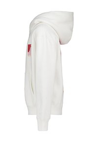 White hoodie with a kangaroo pocket and ribbed cuffs. Features red logo graphics on the front and left sleeve. Soft fabric texture.