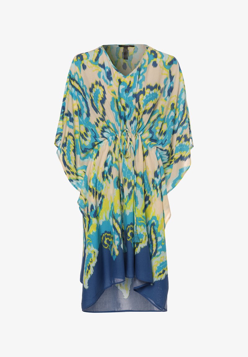 Wielobarwny kaftan w odcieniach niebieskiego, zielonego i beżowego. Posiada dekolt w serek, luźny krój, marszczoną talię oraz zwiewne rękawy z jednolitym niebieskim wykończeniem.